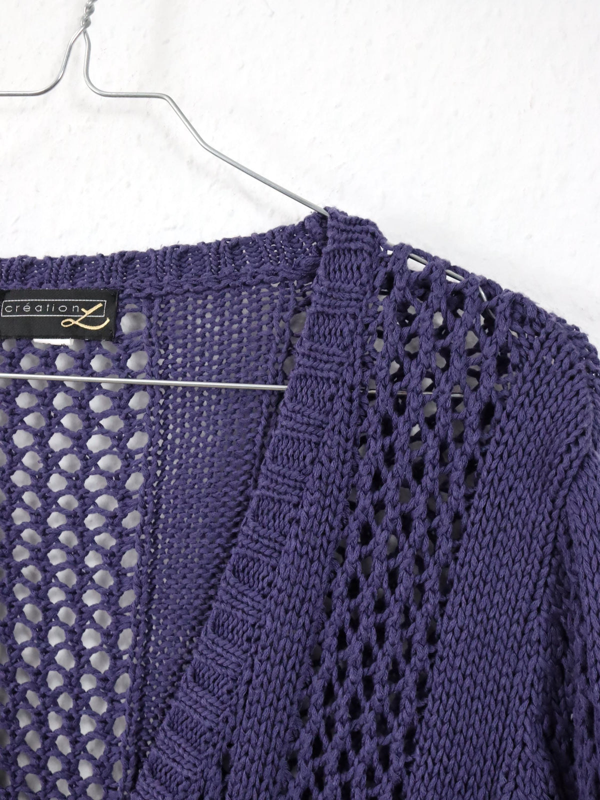 Vintage 90er 00er Y2k CREATION Cardigan Lila gehäkelt lang Strickjacke 40