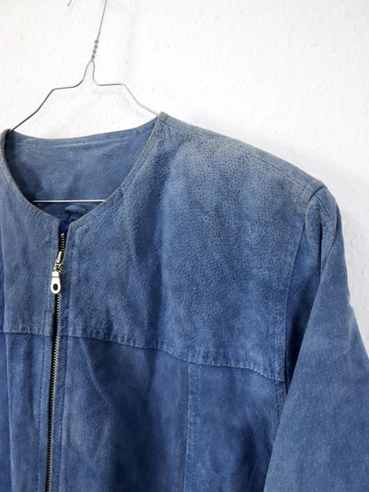 Vintage 80er 90er MISS JOY Lederjacke Wildleder Mantel Schulterpolster blau M