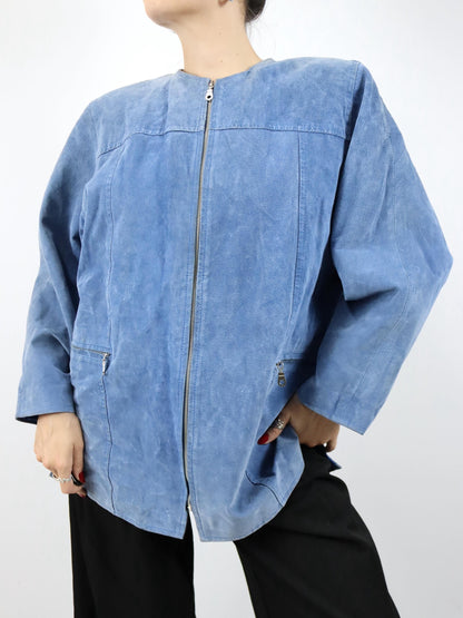 Vintage 80er 90er MISS JOY Lederjacke Wildleder Mantel Schulterpolster blau M
