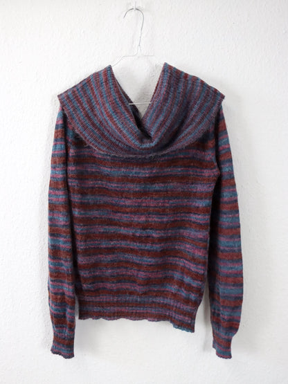 Vintage 90er 00er Y2k Oberteil Pullover Mohair gestreift Carmen Ausschnitt Schulterfrei M