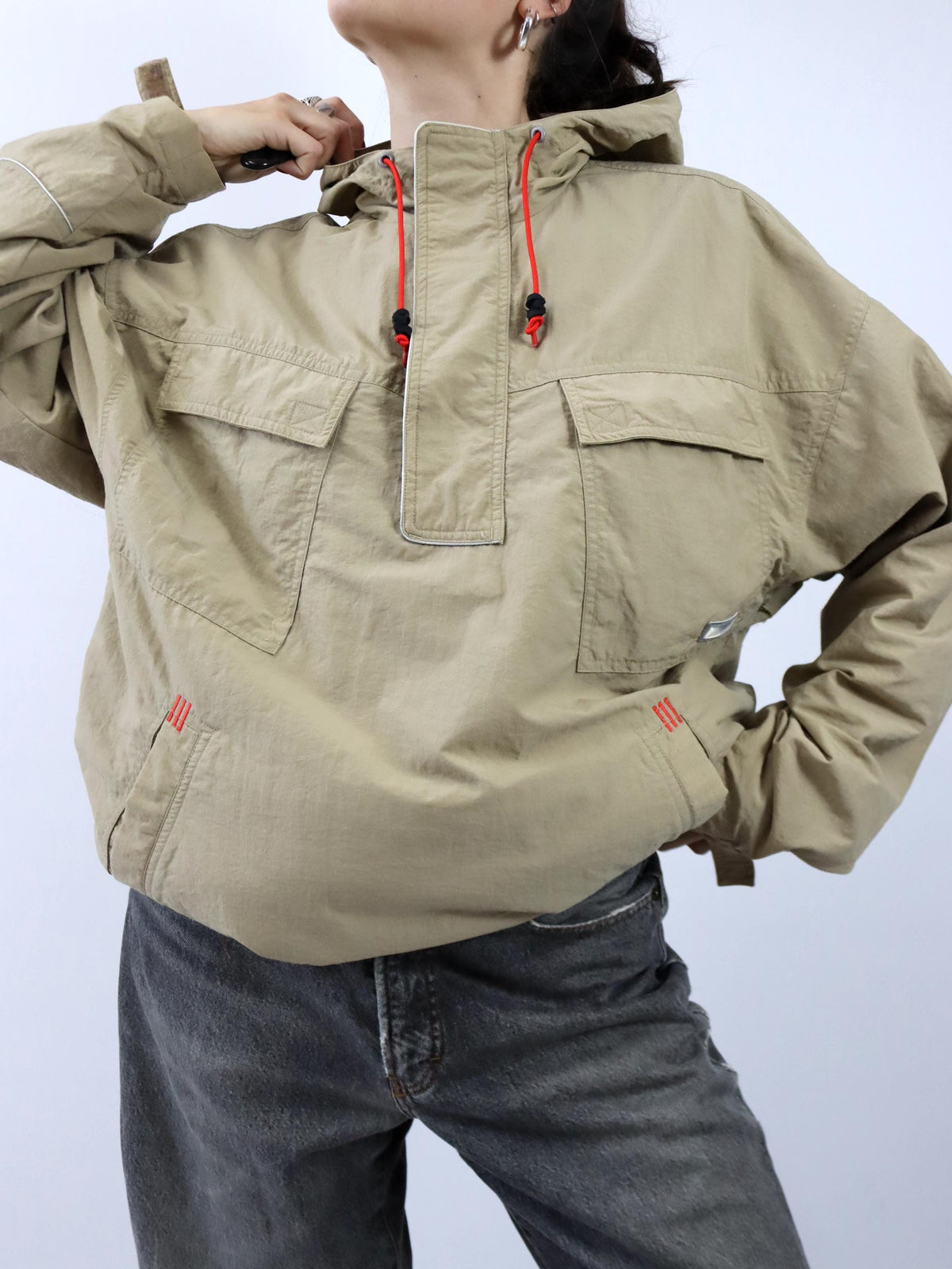 Vintage 80er 90er ADIDAS Windbreaker Jacke Überziehjacke beige Kapuze innen Fleece M